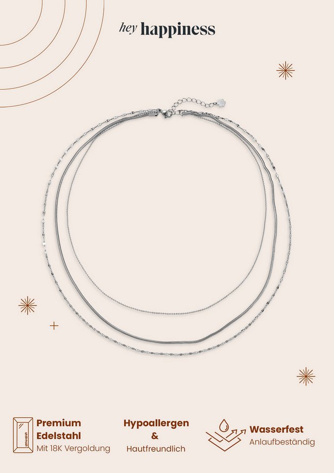 Hey Happiness Collier Trio Layer, elegant & feminin, Mehrreihige Edelstahl Halskette Damen, verstellbar – Bild 5 von 5