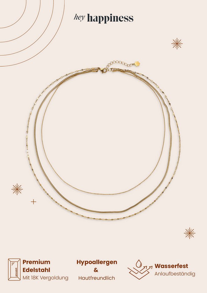 Hey Happiness Collier Trio Layer, elegant & feminin, Mehrreihige Edelstahl Halskette Damen, verstellbar – Bild 5 von 5