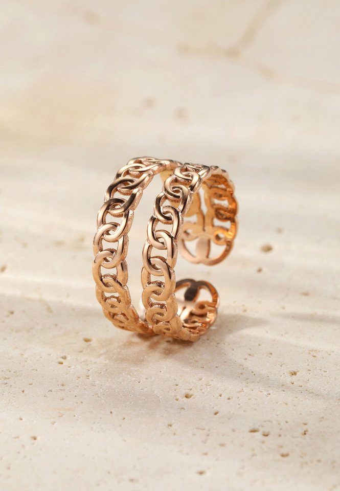 Hey Happiness Fingerring Doppelglied, offener Geo Kettenring Damen, Doppelter Statement Ring in Gold Rosa Silber, mit Gliederdesign – Bild 4 von 5