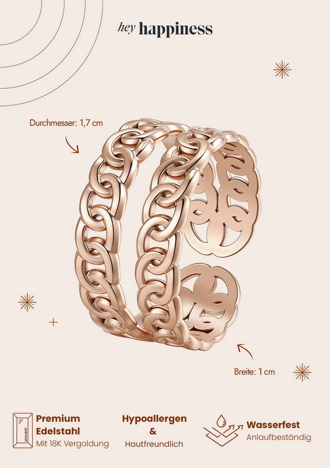 Hey Happiness Fingerring Doppelglied, offener Geo Kettenring Damen, Doppelter Statement Ring in Gold Rosa Silber, mit Gliederdesign – Bild 5 von 5