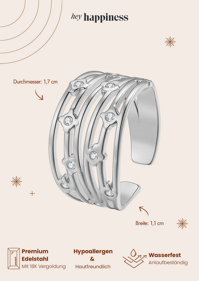 Hey Happiness Fingerring Multi Band mit Kristallen, offener Damenring, Statement Ring im Layering Look, wasserfest – Bild 5 von 5