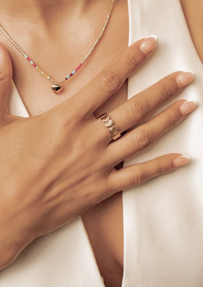 Hey Happiness Fingerring Muschel Kranz, offener Edelstahl Damenring, Verstellbarer Statement Ring mit Muschelmotiven, wasserfest für Strand – Bild 2 von 5