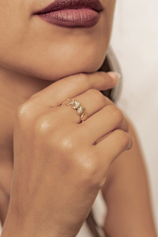 Hey Happiness Fingerring Muschel Kranz, offener Edelstahl Damenring, Verstellbarer Statement Ring mit Muschelmotiven, wasserfest für Strand – Bild 3 von 5