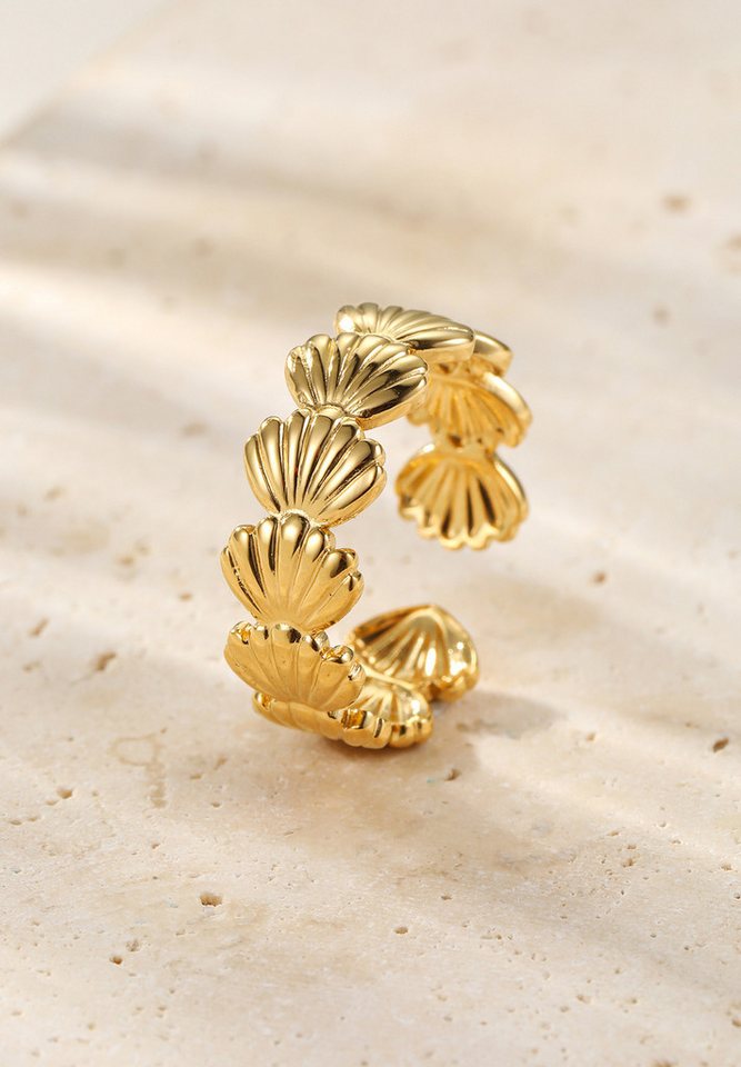 Hey Happiness Fingerring Muschel Kranz, offener Edelstahl Damenring, Verstellbarer Statement Ring mit Muschelmotiven, wasserfest für Strand – Bild 4 von 5