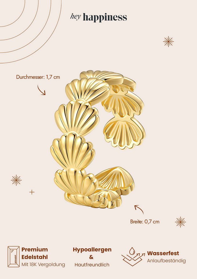 Hey Happiness Fingerring Muschel Kranz, offener Edelstahl Damenring, Verstellbarer Statement Ring mit Muschelmotiven, wasserfest für Strand – Bild 5 von 5