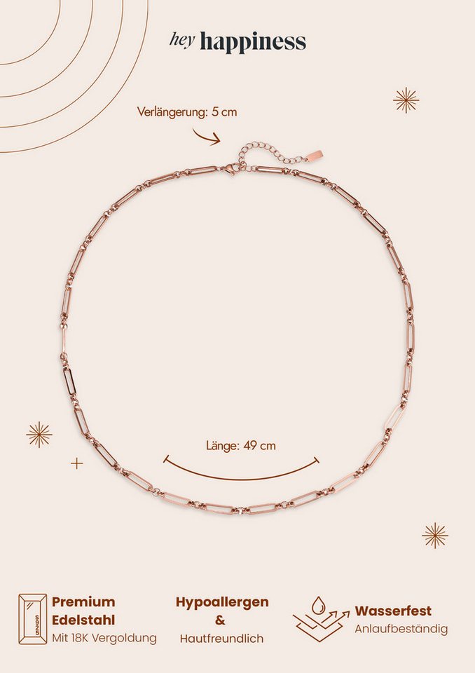 Hey Happiness Gliederkette Rechteck Eckig, Vergoldet 18K Roségold, Damen Edelstahl Kette Paper Clip, wasserfest – Bild 5 von 5