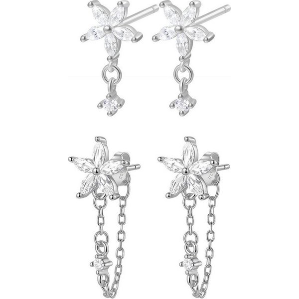 Hey Happiness Ohrhänger-Set Blütenzauber, 4er Set Ohrringe mit Kettchen & Kristall, Filigrane 925 Sterling Silber Ohrringe Damen mit Blumen Design