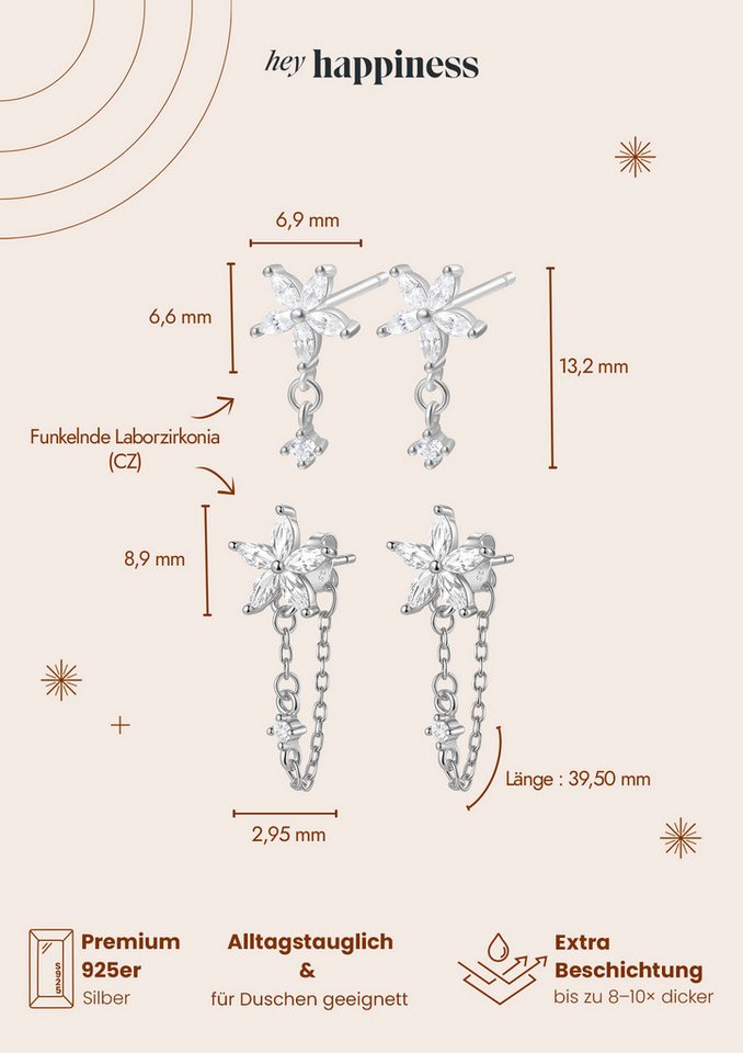 Hey Happiness Ohrhänger-Set Blütenzauber, 4er Set Ohrringe mit Kettchen & Kristall, Filigrane 925 Sterling Silber Ohrringe Damen mit Blumen Design – Bild 4 von 5