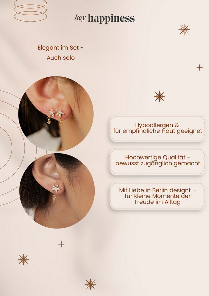 Hey Happiness Ohrhänger-Set Blütenzauber, 4er Set Ohrringe mit Kettchen & Kristall, Filigrane 925 Sterling Silber Ohrringe Damen mit Blumen Design – Bild 5 von 5