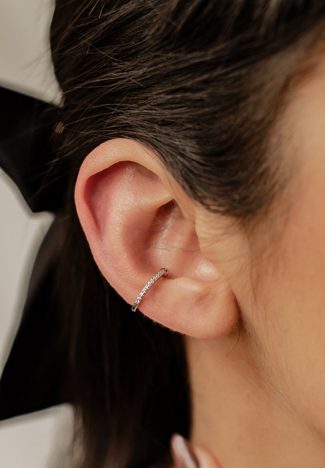 Hey Happiness Ohrklemme Basic Single Ear Cuff Zirkonia, Fake Ohrring Silber, Vergoldeter 925 Silber Damen Ohrring ohne Loch, klare/grüne Kristalle – Bild 2 von 5
