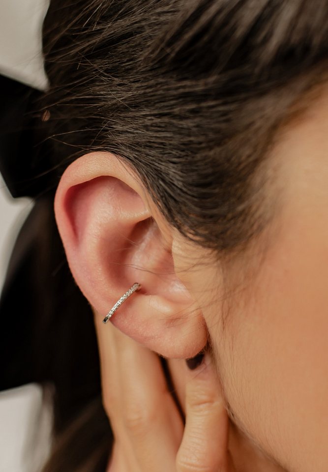Hey Happiness Ohrklemme Basic Single Ear Cuff Zirkonia, Fake Ohrring Silber, Vergoldeter 925 Silber Damen Ohrring ohne Loch, klare/grüne Kristalle – Bild 3 von 5