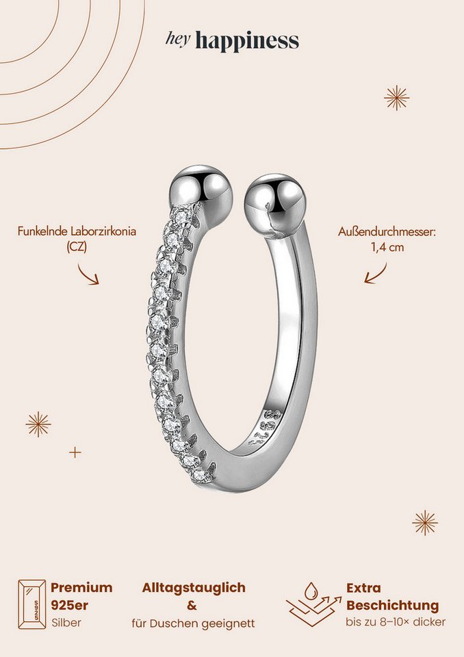 Hey Happiness Ohrklemme Basic Single Ear Cuff Zirkonia, Fake Ohrring Silber, Vergoldeter 925 Silber Damen Ohrring ohne Loch, klare/grüne Kristalle – Bild 5 von 5