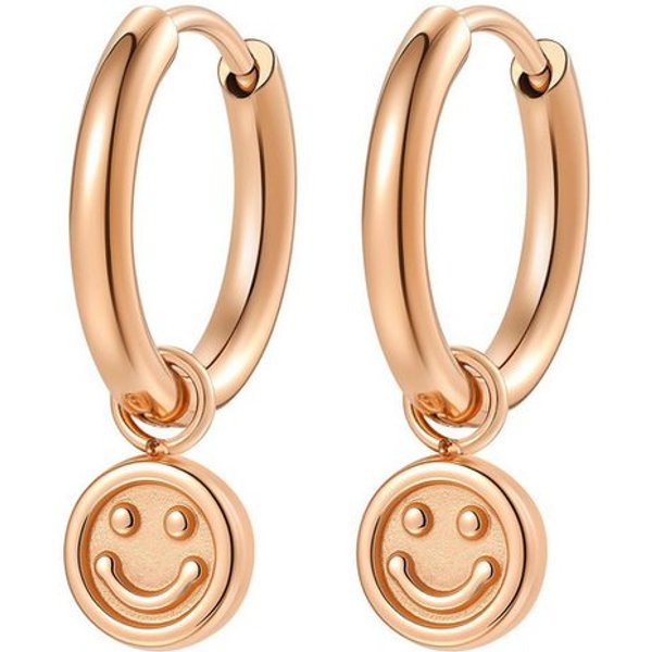 Hey Happiness Paar Creolen Smiley Charm, kleine Statement Ohrringe mit Anhänger, Moderne Creolen Damen Edelstahl, wasserfest