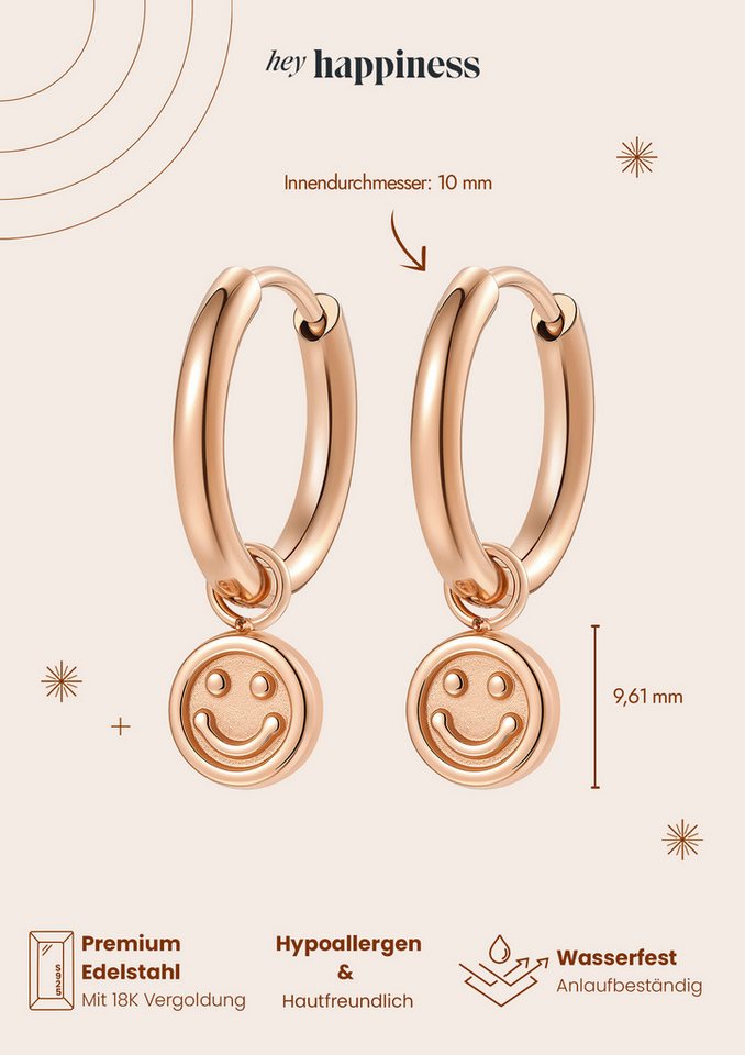 Hey Happiness Paar Creolen Smiley Charm, kleine Statement Ohrringe mit Anhänger, Moderne Creolen Damen Edelstahl, wasserfest – Bild 4 von 5
