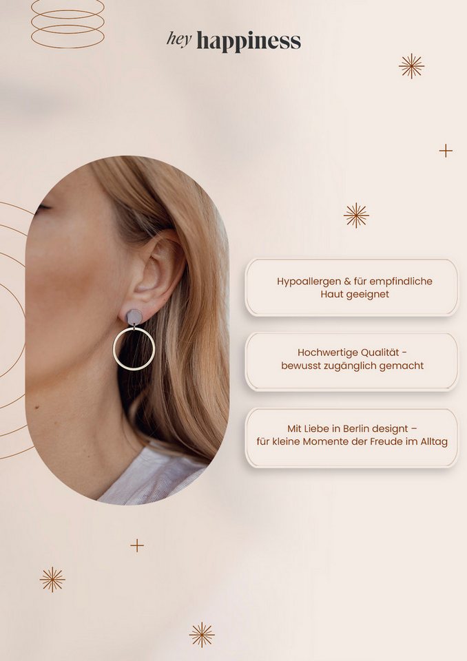 Hey Happiness Paar Ohrhänger Kreis, 18K Vergoldete Damen Ohrringe, Hängende Edelstahl Creolen mit Geo Charm, wasserfest – Bild 4 von 5