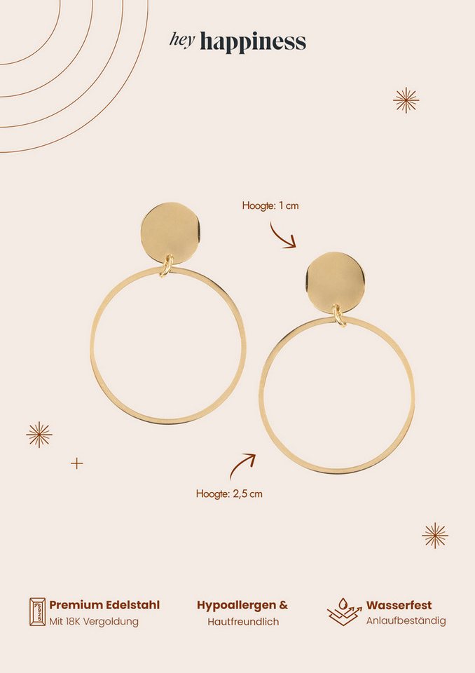 Hey Happiness Paar Ohrhänger Kreis, 18K Vergoldete Damen Ohrringe, Hängende Edelstahl Creolen mit Geo Charm, wasserfest – Bild 3 von 5