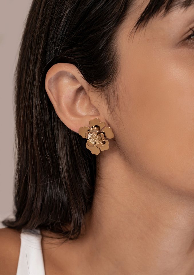 Hey Happiness Paar Ohrstecker Blüten Statement, Große Blume Ohrringe Edelstahl für Damen, vergoldet – Bild 2 von 5