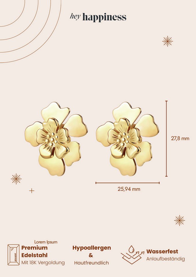 Hey Happiness Paar Ohrstecker Blüten Statement, Große Blume Ohrringe Edelstahl für Damen, vergoldet – Bild 5 von 5