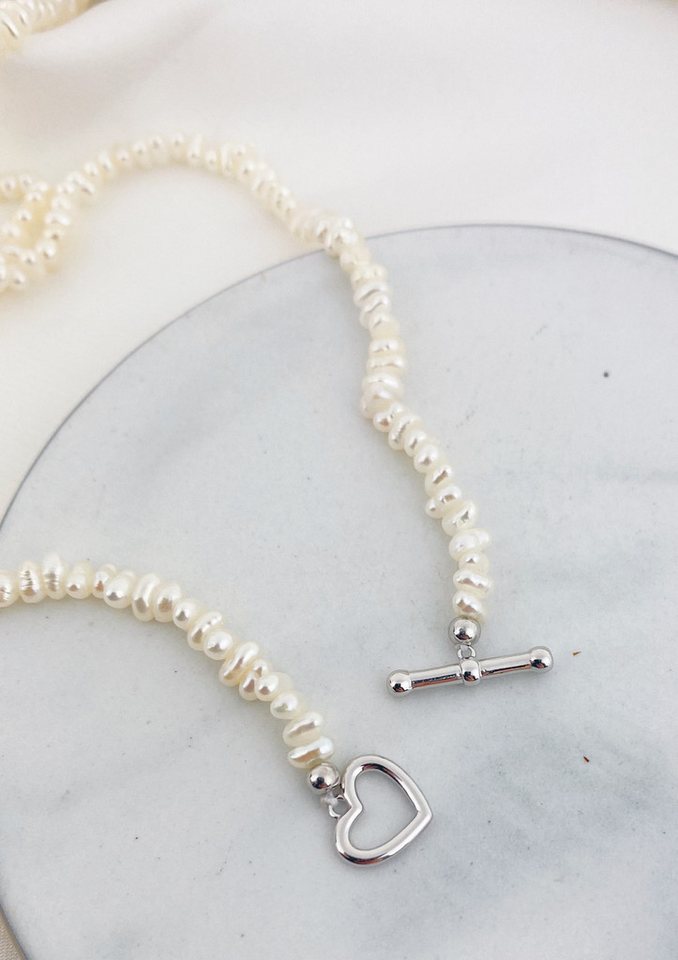 Hey Happiness Perlenkette Choker Damen, echte Süßwasserperlen, Herz & Knebelverschluss aus 925 Silber – Bild 2 von 5