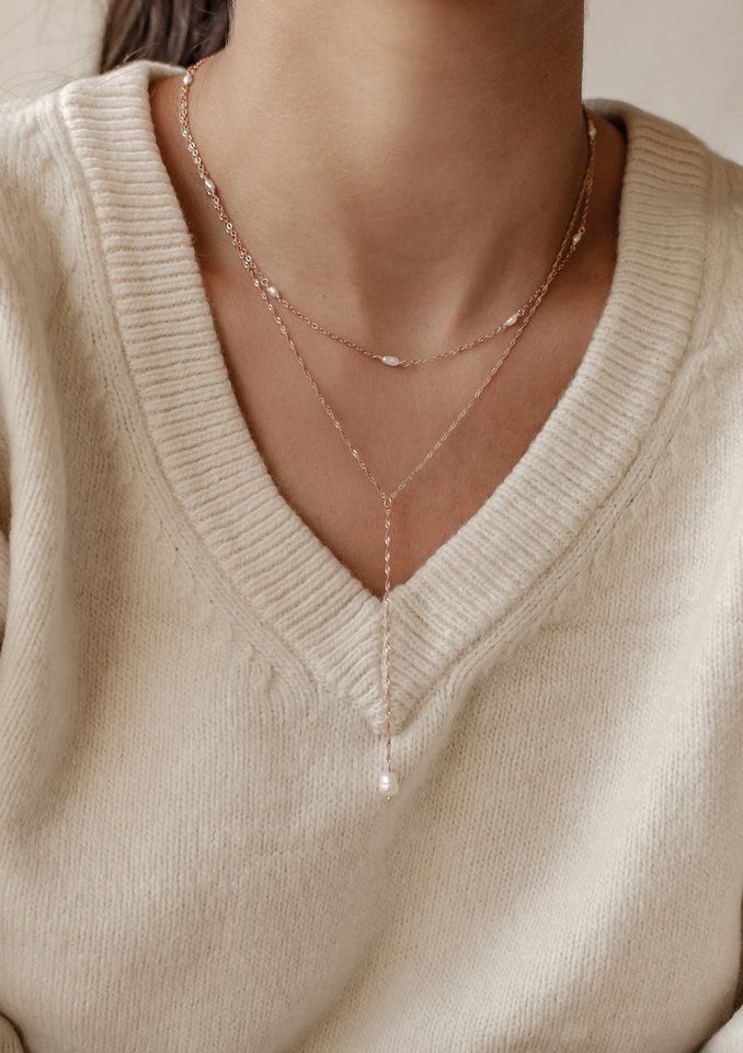 Hey Happiness Perlenketten-Set Layer mit Süßwasserperle Anhänger für Damen, 2er Set 925 Silberketten, Y Kette & zarte Perlenkette, Brautschmuck – Bild 2 von 5