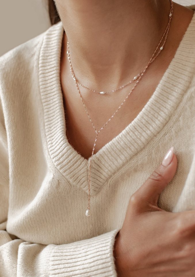 Hey Happiness Perlenketten-Set Layer mit Süßwasserperle Anhänger für Damen, 2er Set 925 Silberketten, Y Kette & zarte Perlenkette, Brautschmuck – Bild 3 von 5