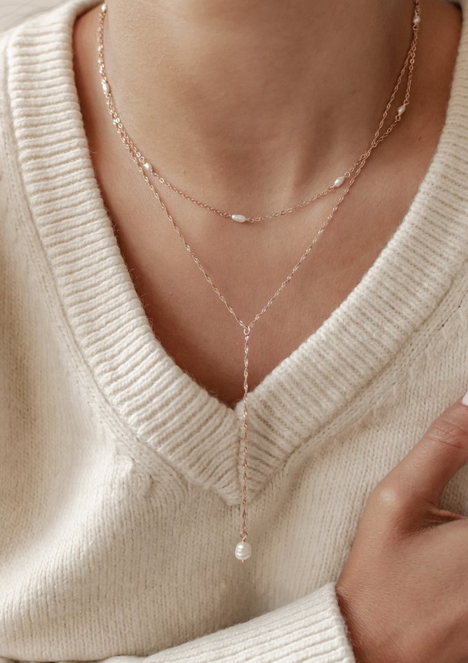Hey Happiness Perlenketten-Set Layer mit Süßwasserperle Anhänger für Damen, 2er Set 925 Silberketten, Y Kette & zarte Perlenkette, Brautschmuck – Bild 4 von 5