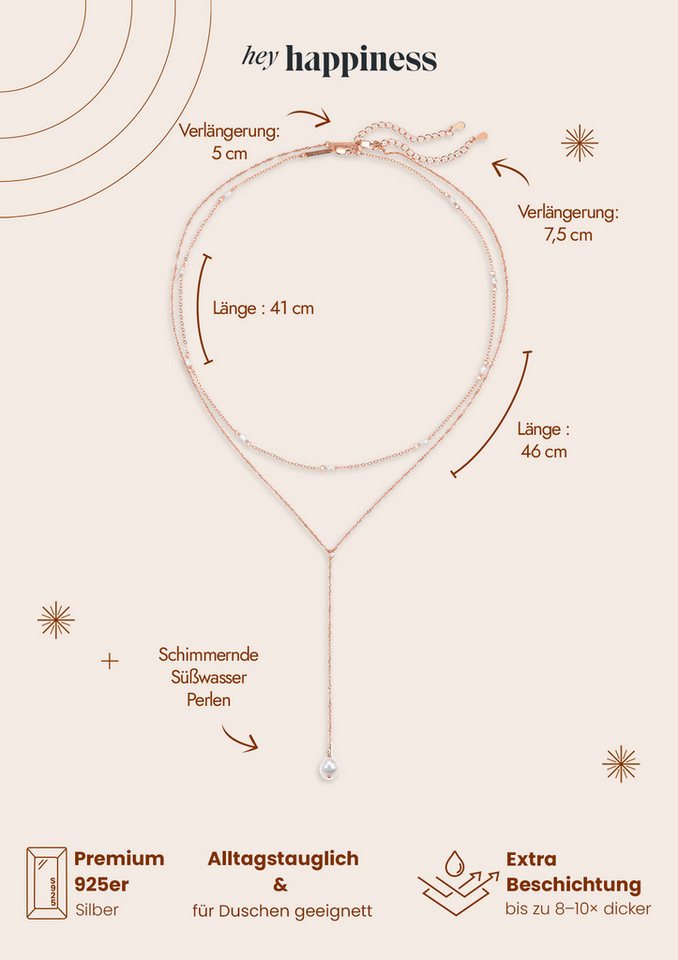 Hey Happiness Perlenketten-Set Layer mit Süßwasserperle Anhänger für Damen, 2er Set 925 Silberketten, Y Kette & zarte Perlenkette, Brautschmuck – Bild 5 von 5