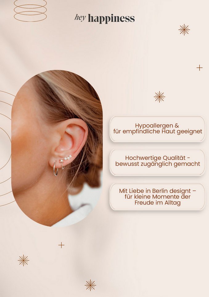 Hey Happiness Perlenohrringe Trio Perlen, Silber Ohrstecker 18K Gold, Ohrringe Damen 925 Silber Weiße Perlen, Brautschmuck – Bild 5 von 5