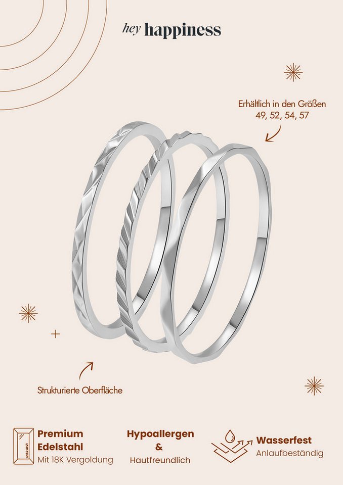 Hey Happiness Ring-Set 3 tlg., Basic Band Stapelringe, Dünne Gedrehte Twist Ringe aus Edelstahl, wasserfest – Bild 4 von 5