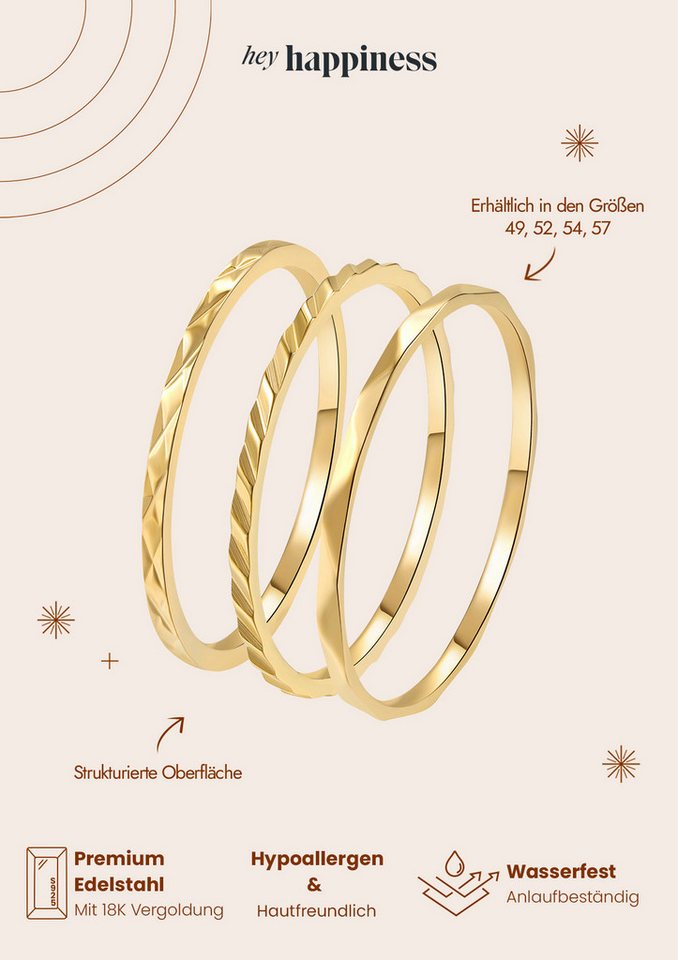 Hey Happiness Ring-Set 3 tlg., Basic Band Stapelringe, Dünne Gedrehte Twist Ringe aus Edelstahl, wasserfest – Bild 5 von 5