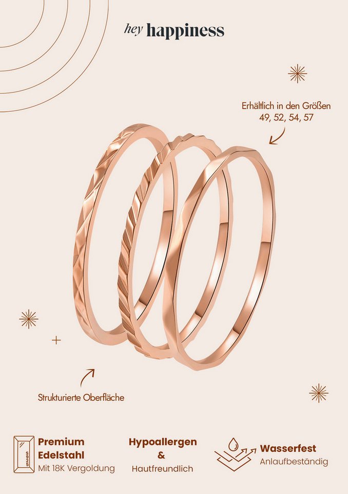 Hey Happiness Ring-Set 3 tlg., Basic Band Stapelringe, Dünne Gedrehte Twist Ringe aus Edelstahl, wasserfest – Bild 5 von 5