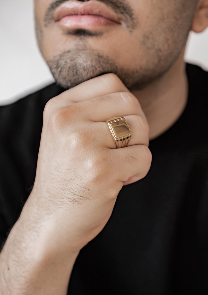 Hey Happiness Siegelring Rechteck mit Gravur, Herrenring aus Edelstahl, 18K Vergoldeter Männer Geo Ring, Geschenkidee – Bild 3 von 5