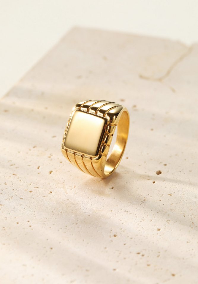 Hey Happiness Siegelring Rechteck mit Gravur, Herrenring aus Edelstahl, 18K Vergoldeter Männer Geo Ring, Geschenkidee – Bild 4 von 5