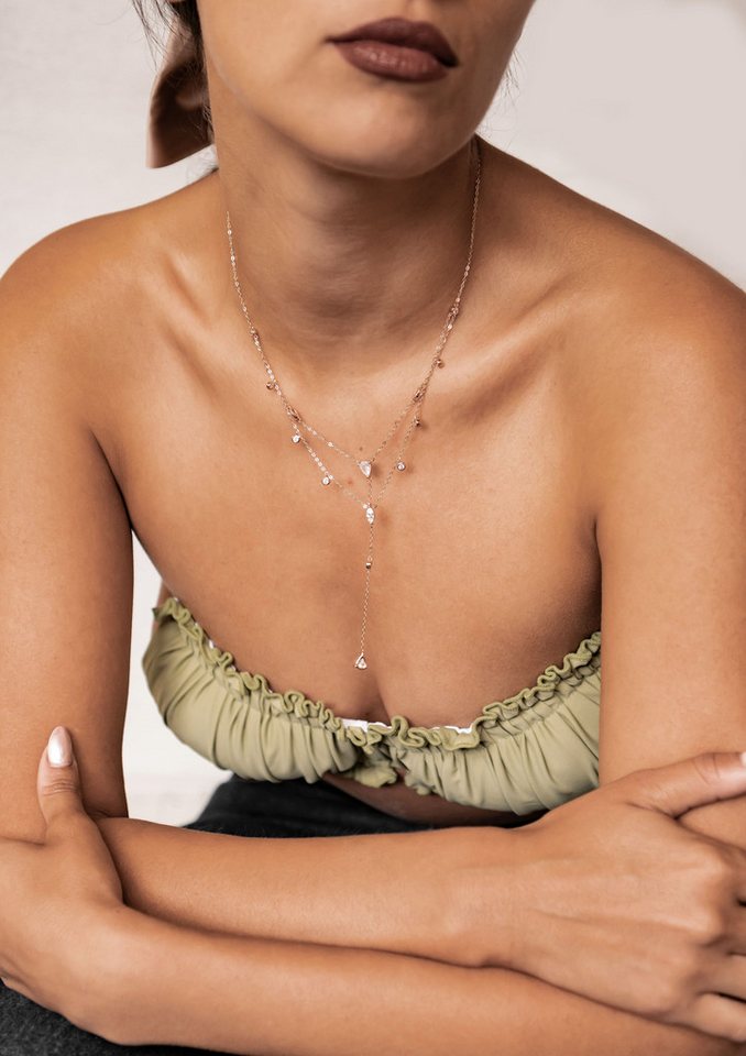Hey Happiness Statementkette mit Tropfen Kristallen, Layering Kette, Damen Y-Kette 925 Silber vergoldet, Brautschmuck – Bild 3 von 5