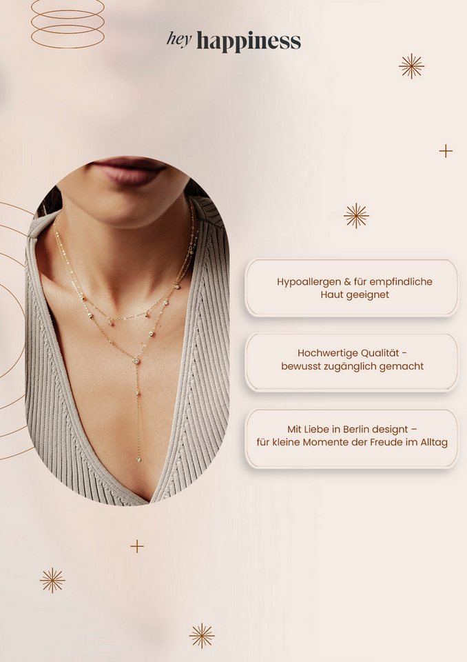 Hey Happiness Statementkette mit Tropfen Kristallen, Layering Kette, Damen Y-Kette 925 Silber vergoldet, Brautschmuck – Bild 5 von 5