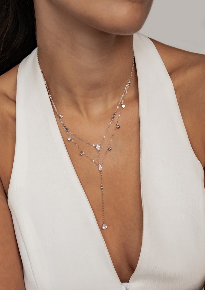 Hey Happiness Statementkette mit Tropfen Kristallen, Layering Kette, Damen Y-Kette 925 Silber vergoldet, Brautschmuck – Bild 2 von 5