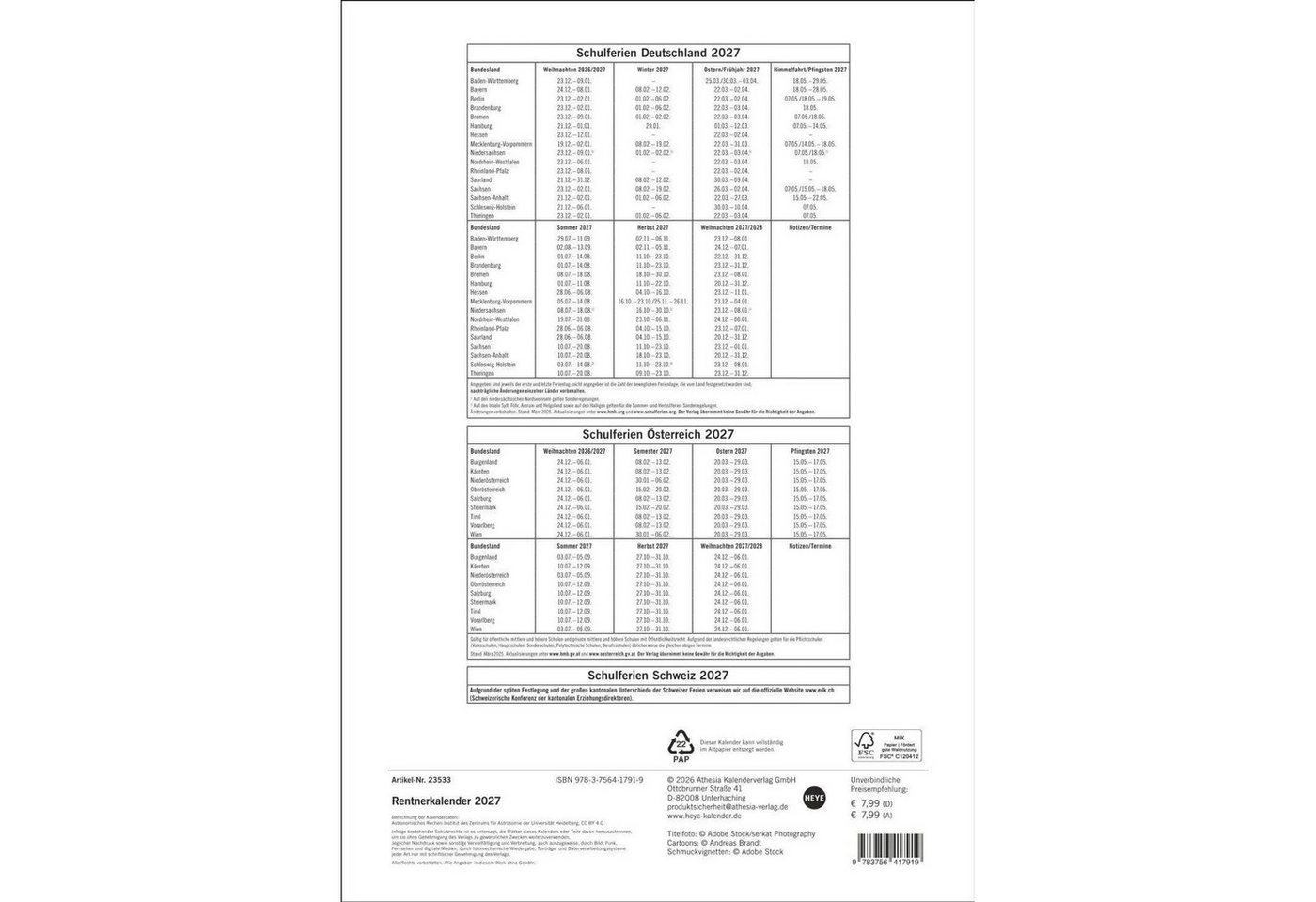 HEYE Wandkalender Rentnerkalender 2027 – Bild 2 von 5