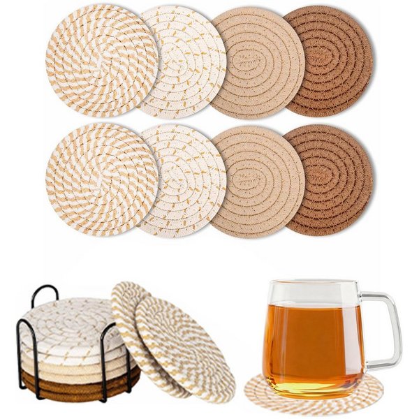 HEYHIPPO Becheruntersetzer Set geflochtene Baumwoll-Untersetzer mit Halter–rutschfest & saugfähig, Zubehör für Stellen Sie Getränke, Tassen und Gläser bereit, S