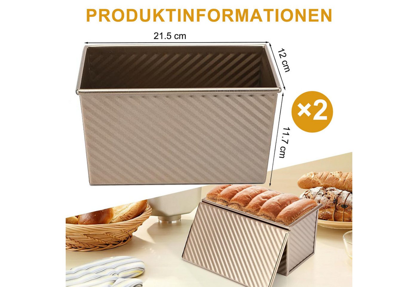 HEYHIPPO Brotbackform 2er-Set Toastbrotformen mit Deckel, Karbonstahl, Gold, antihaft, Toastbrot Kastenform mit Deckel, antihaft, langlebig, ideal für Kuchen – Bild 2 von 5