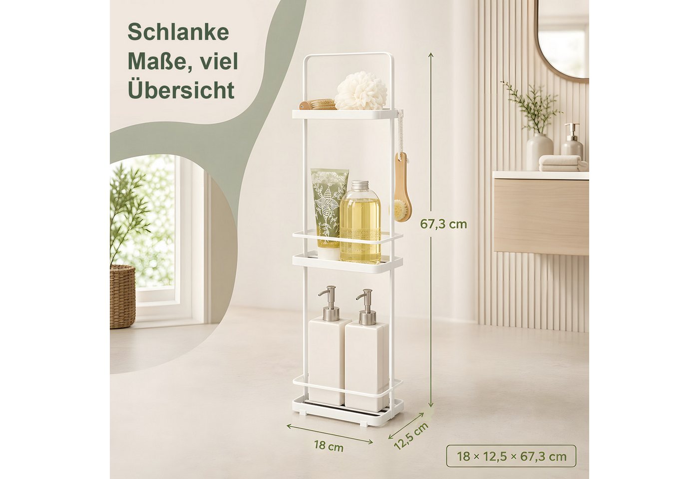 HEYHIPPO Duschablage Duschregal 3-stöckig, 67,5×12,5×18 cm, weiß, bis 6 kg, ohne Montage, Packung, Stehendes Duschregal, Eisen,Wasserableitung,für Shampoo & Han – Bild 2 von 5