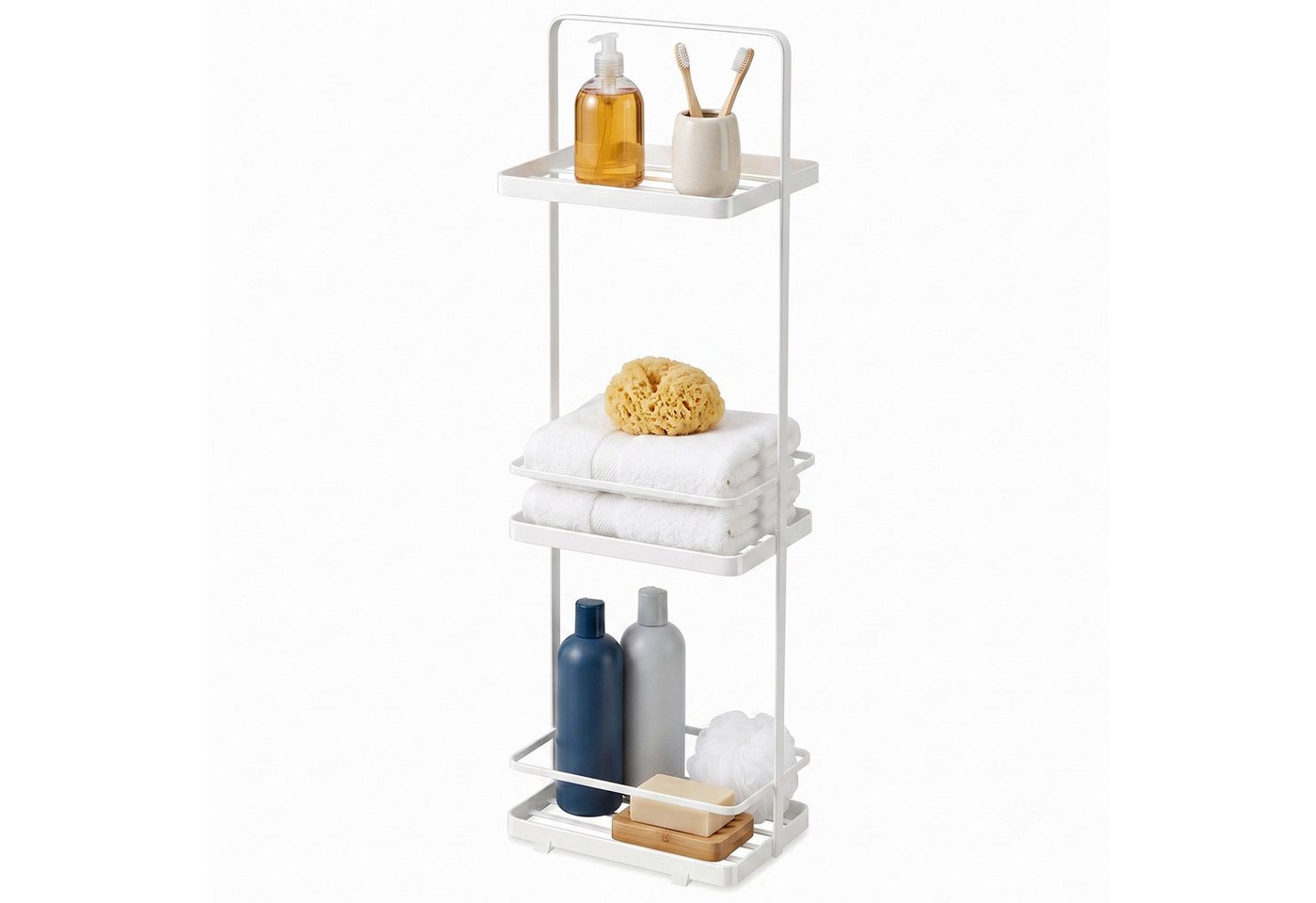 HEYHIPPO Duschablage Duschregal 3-stöckig, 67,5×12,5×18 cm, weiß, bis 6 kg, ohne Montage, Packung, Stehendes Duschregal, Eisen,Wasserableitung,für Shampoo & Han – Bild 3 von 5