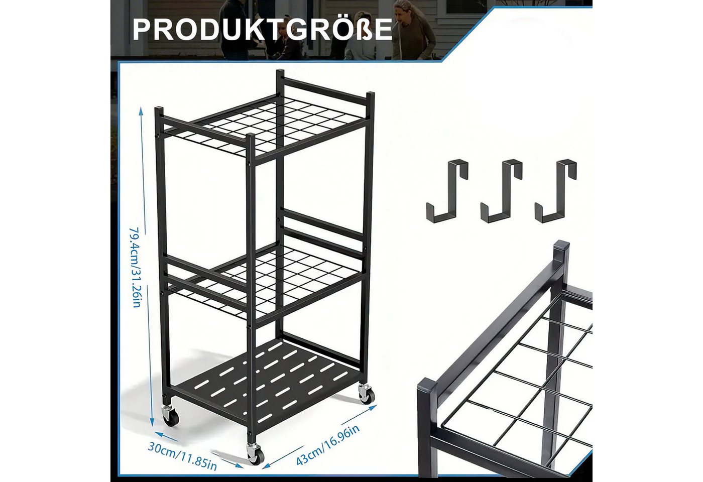 HEYHIPPO Gartengerätehalter Gartengeräte-Organizer,Schuppenregal,Metall-Werkzeugständer mit Haken, (bis 31 Zoll, Aufbewahrung von Gartengeräten, mobiler Werkzeu – Bild 3 von 5