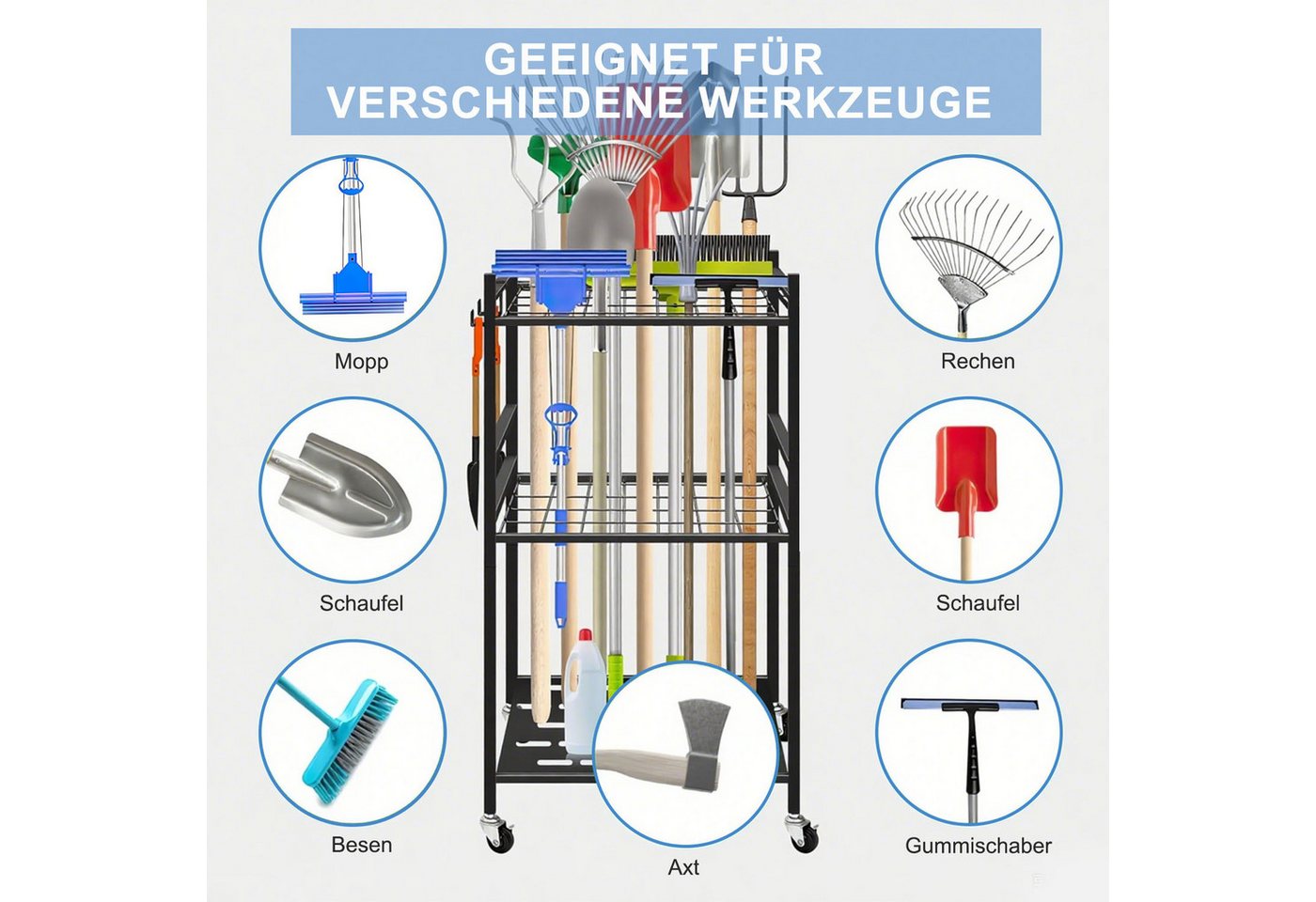 HEYHIPPO Gartengerätehalter Gartengeräte-Organizer,Schuppenregal,Metall-Werkzeugständer mit Haken, (bis 31 Zoll, Aufbewahrung von Gartengeräten, mobiler Werkzeu – Bild 4 von 5