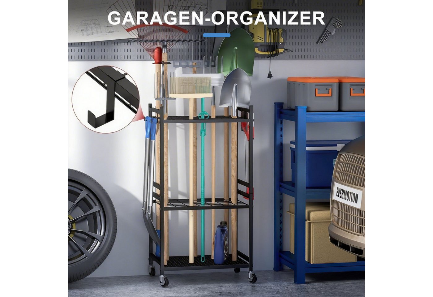 HEYHIPPO Gartengerätehalter Gartengeräte-Organizer,Schuppenregal,Metall-Werkzeugständer mit Haken, (bis 31 Zoll, Aufbewahrung von Gartengeräten, mobiler Werkzeu – Bild 5 von 5
