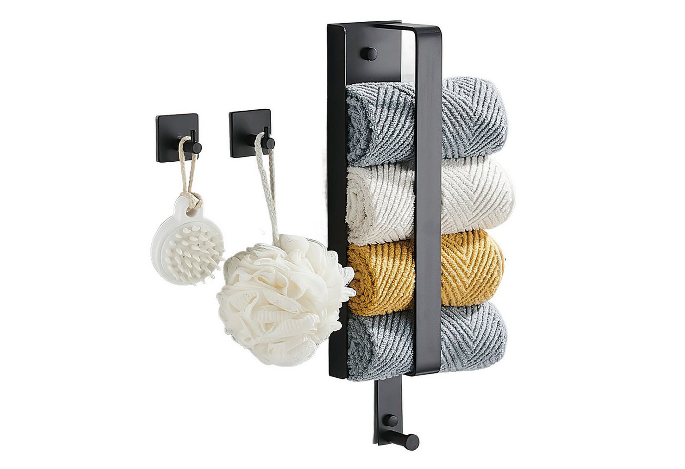 HEYHIPPO Handtuchhalter Badezimmer-Handtuch-Organizer,wandmontierter Handtuchhalter mit2 Haken, Wasserfestes verschleißfestes Aluminium,schwarz,L43,5cmxB9cmxH7c – Bild 3 von 5