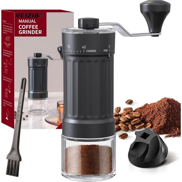 HEYHIPPO Kaffeemühle Manuelle Espressomühle, Kaffeemaschine mit Handkurbel, Haushaltsmühle, 0 W, Keramik-Mahlkern, 25 g Bohnenbehälter, Tragbare Handmühle für K