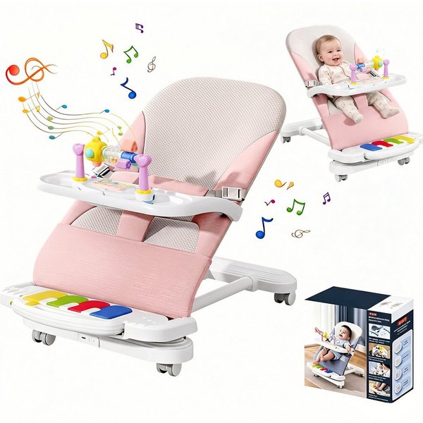 HEYHIPPO Kinderstuhl Babywippe 3-in-1 – mit Klavier, abnehmbarem Tablett, für 4–24 Monate (Packung), Baby-Schaukelwippe 41×81×61 cm, für Füttern & Spielen, max.