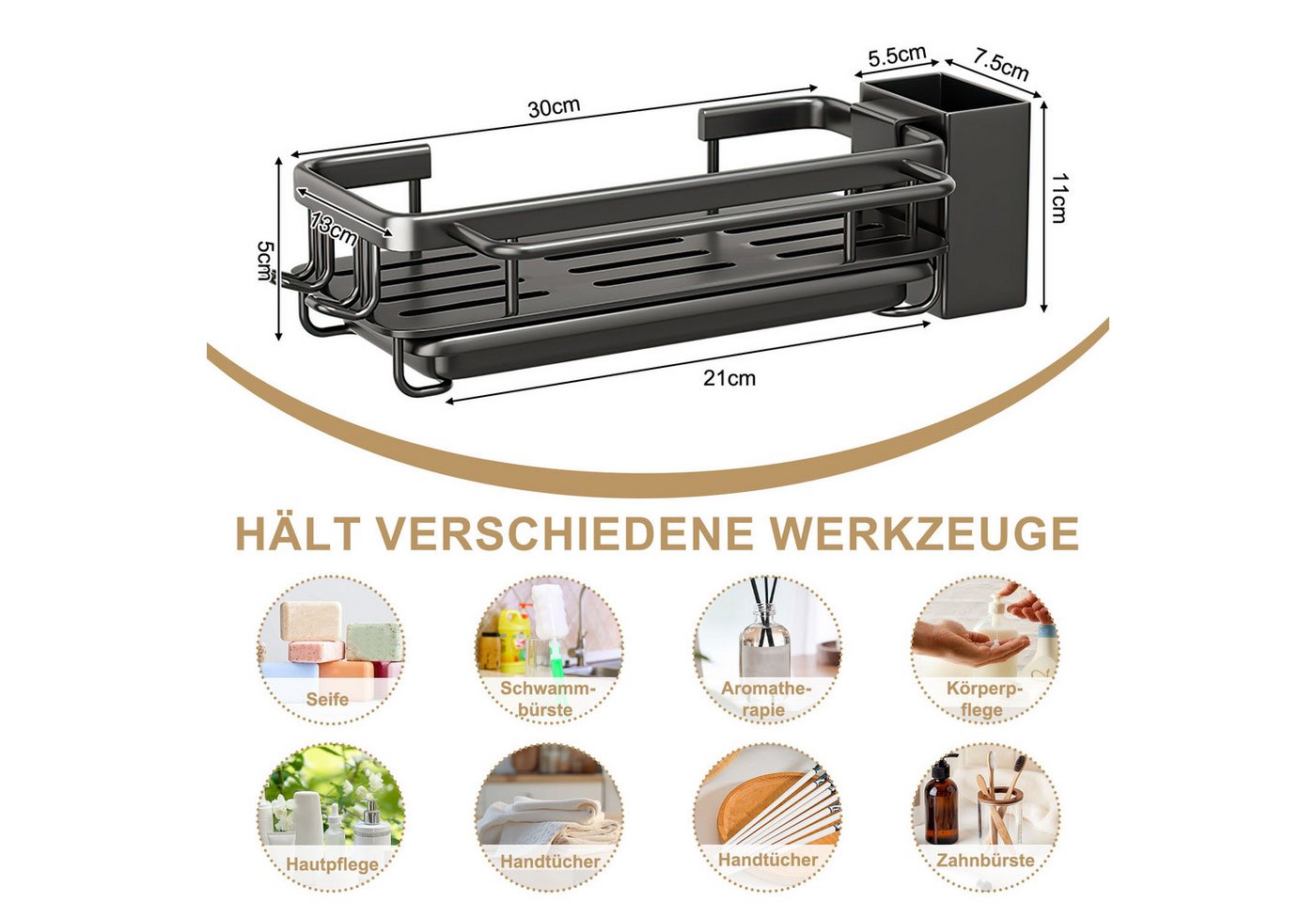 HEYHIPPO Küchenregal Küchenspülen-Organizer Besteckaufbewahrungsregal Handtuchhalter Haken, Stanzfreie Installation, wandmontiertes Waschbeckenregal 30×13×5CM,  – Bild 3 von 5