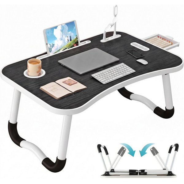 HEYHIPPO Laptoptisch Klappbarer Laptoptisch, mit Schublade, Becherhalter & 4 USB, stabil (Packung, Stabile W-förmige Tischbeine, wasserfeste Platte,für Lernen,A