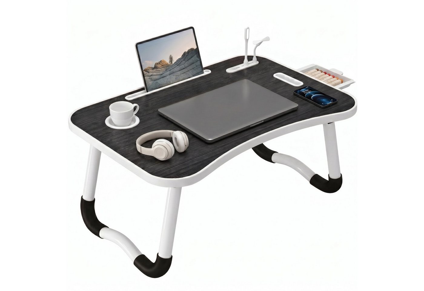 HEYHIPPO Laptoptisch Klappbarer Laptoptisch, mit Schublade, Becherhalter & 4 USB, stabil (Packung, Stabile W-förmige Tischbeine, wasserfeste Platte,für Lernen,A – Bild 3 von 5